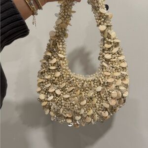 Beaded Sequin Shoulder Bag in Cream Pearlescent